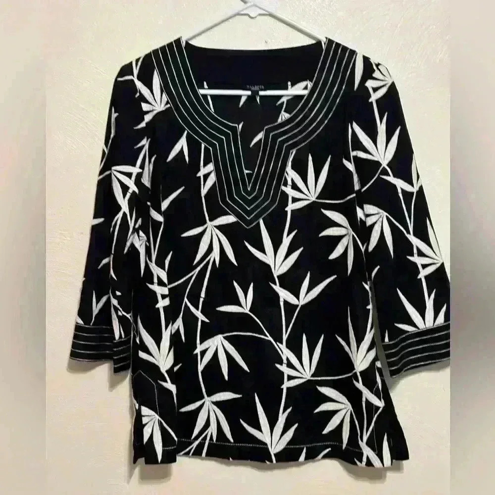 Talbots Black and White Botanical Tunic Blouse